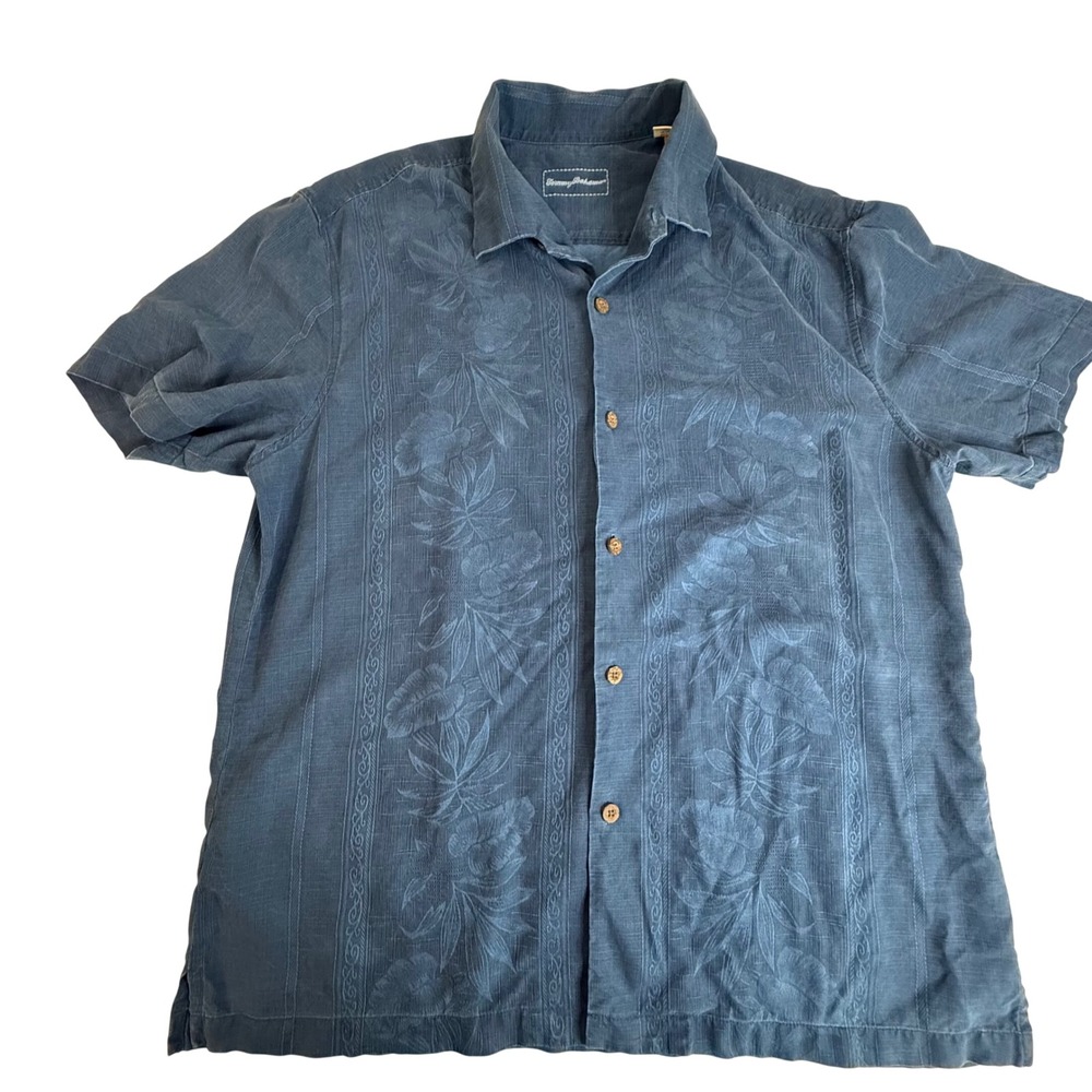 Tommy Bahama Mens XL Blue 100% Silk Tropical Floral Jacquard Camp Shirt